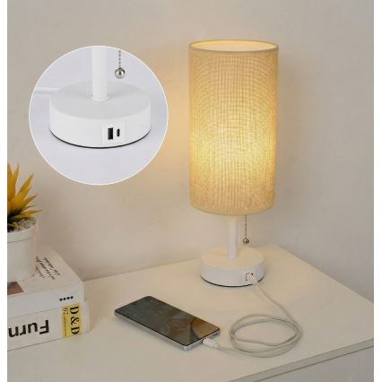 Brilagi - Настільна лампа з USB-портом TABLON 1xE27/25W/230V біла/бежева