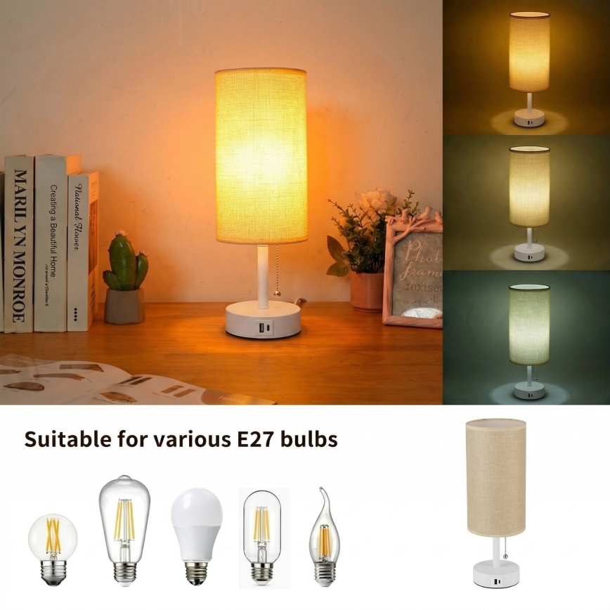 Brilagi - Настільна лампа з USB-портом TABLON 1xE27/25W/230V біла/бежева