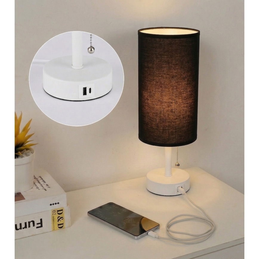 Brilagi - Настільна лампа з USB-портом TABLON 1xE27/25W/230V білий/чорний