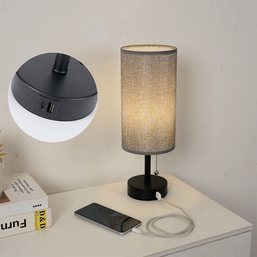 Брілагі - Настільна лампа з USB-портом ТАБЛОН 1xE27/25W/230V чорна/сіра