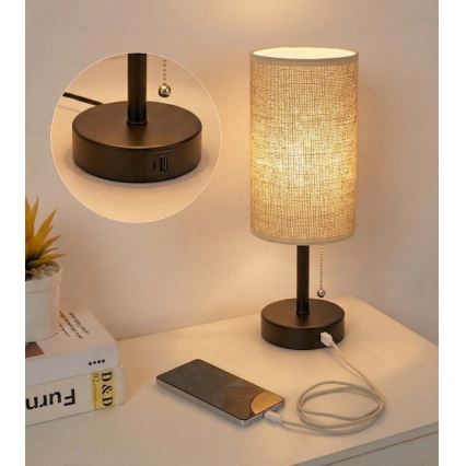 Brilagi - Настільна лампа з USB-портом TABLON 1xE27/25W/230V чорний/бежевий