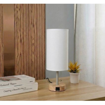 Brilagi - Настільна лампа з USB-портом TABLON 1xE27/25W/230V дуб/бежевий/білий