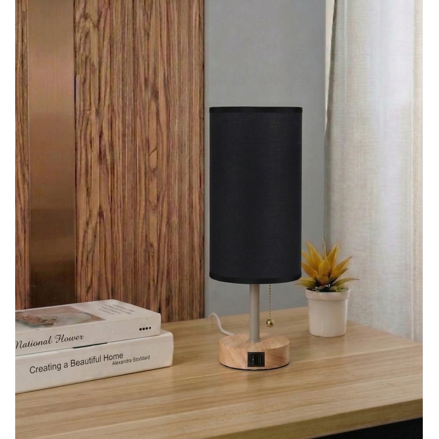 Brilagi - Настільна лампа з USB-портом TABLON 1xE27/25W/230V дуб/бежевий/чорний