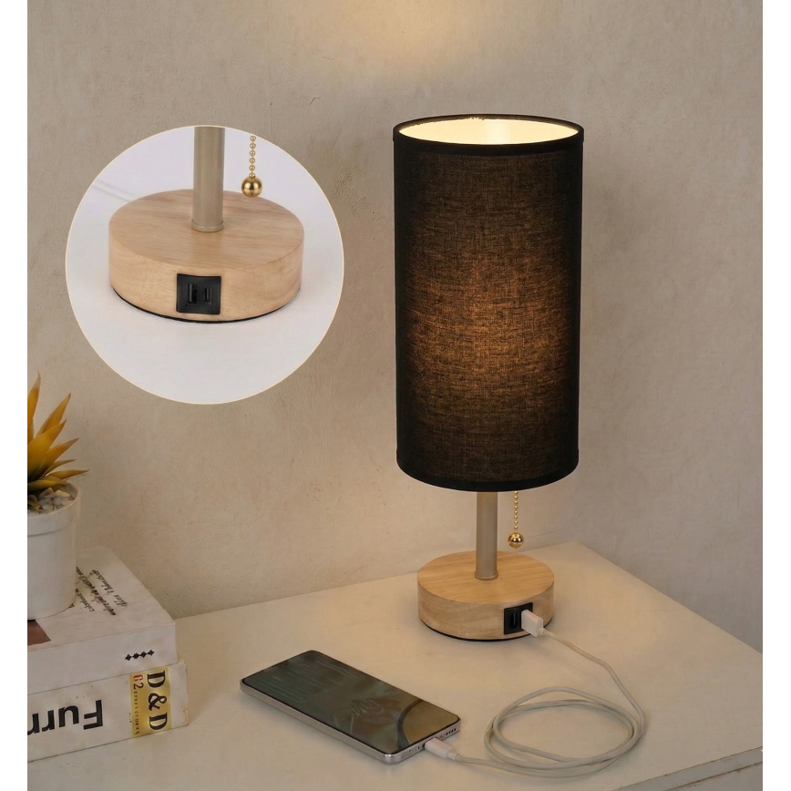 Brilagi - Настільна лампа з USB-портом TABLON 1xE27/25W/230V дуб/бежевий/чорний