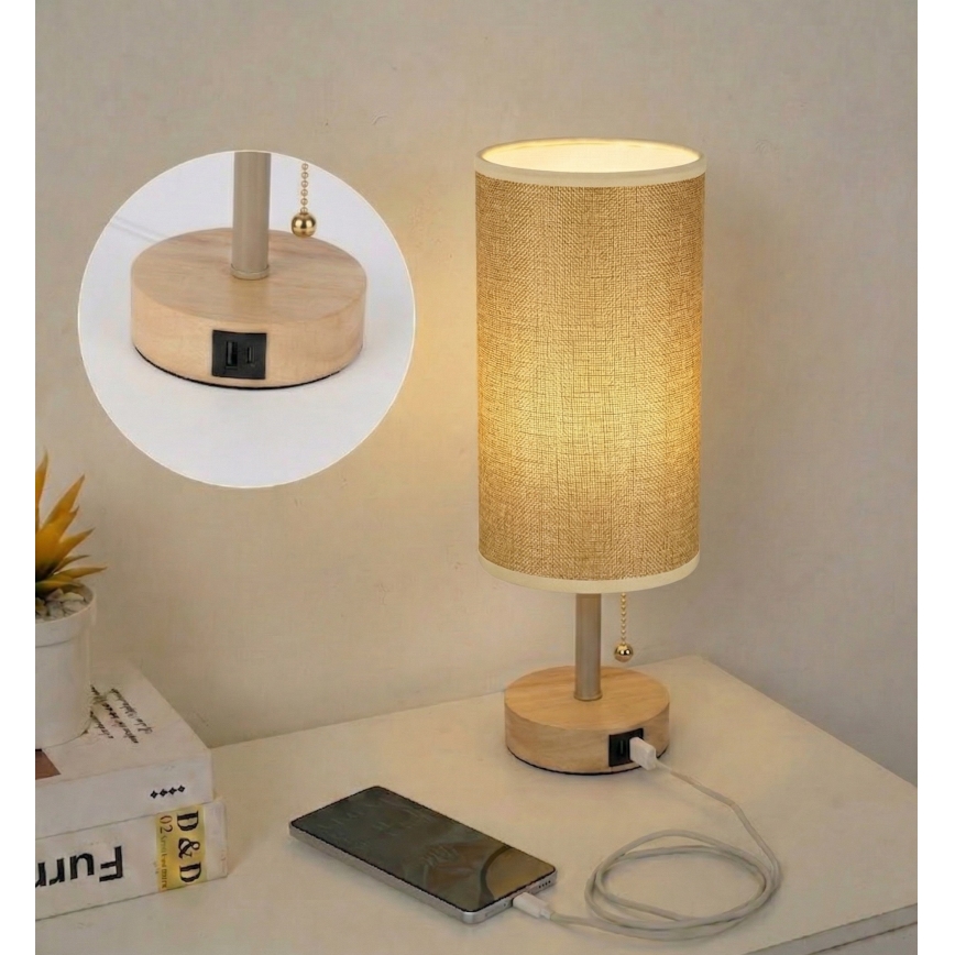 Brilagi - Настільна лампа з USB-портом TABLON 1xE27/25W/230V дуб/бежевий