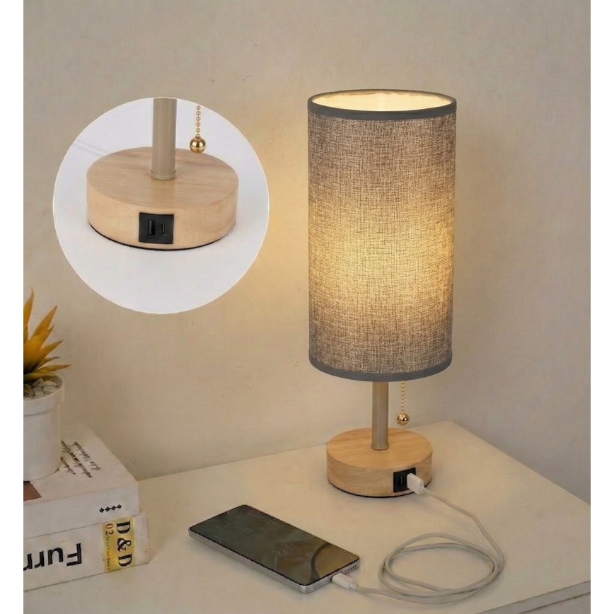 BRILAGI - Настільна лампа з USB-портом TABLON 1xE27/25W/230V дуб/бежевий/сірий