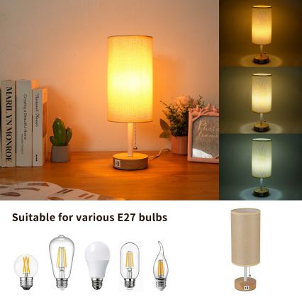 Brilagi - Настільна лампа з USB-портом TABLON 1xE27/25W/230V дуб/білий/бежевий