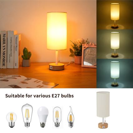 Brilagi - Настільна лампа з USB-портом TABLON 1xE27/25W/230V дуб/білий/кремовий