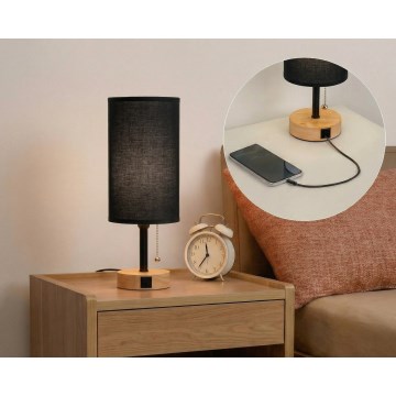 Brilagi - Настільна лампа з USB-портом TABLON 1xE27/25W/230V дуб/чорна