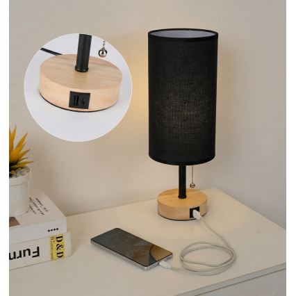 Brilagi - Настільна лампа з USB-портом TABLON 1xE27/25W/230V дуб/чорна