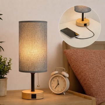 Brilagi - Настільна лампа з USB-портом TABLON 1xE27/25W/230V дуб/чорний/сірий