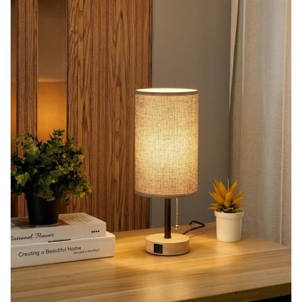 Brilagi - Настільна лампа з USB-портом TABLON 1xE27/25W/230V дуб/чорний/сірий