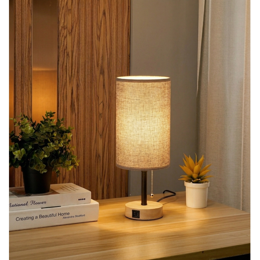 Brilagi - Настільна лампа з USB-портом TABLON 1xE27/25W/230V дуб/чорний/сірий