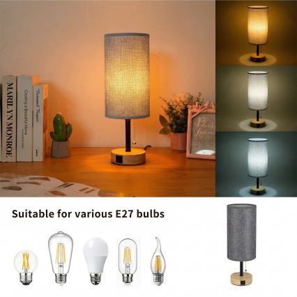 Brilagi - Настільна лампа з USB-портом TABLON 1xE27/25W/230V дуб/чорний/сірий