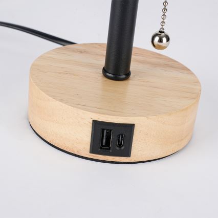 Brilagi - Настільна лампа з USB-портом TABLON 1xE27/25W/230V дуб/чорний/сірий