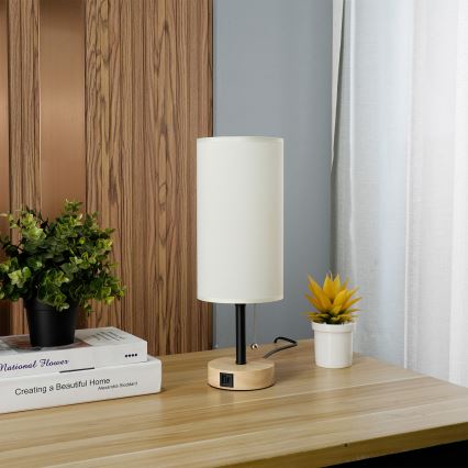 Brilagi - Настільна лампа з USB-портом TABLON 1xE27/25W/230V дуб/чорний/кремовий