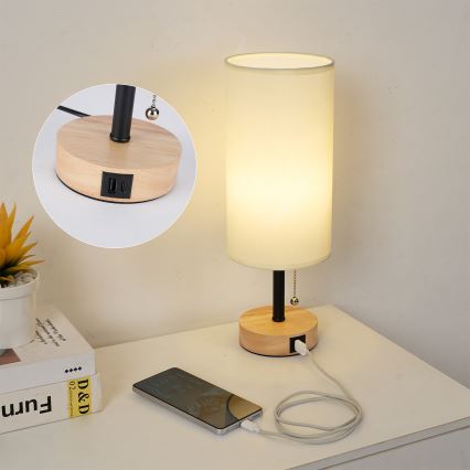 Brilagi - Настільна лампа з USB-портом TABLON 1xE27/25W/230V дуб/чорний/кремовий