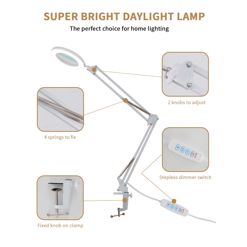 Brilagi - Настільна LED лампа з регулюванням яскравості та із лупою LENS LED/12W/5V 3000/4200/6000K білий
