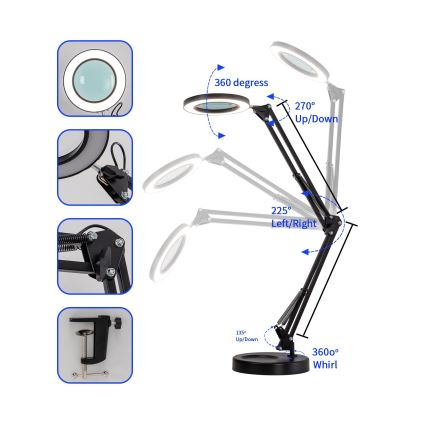 Brilagi - Настільна LED лампа з регулюванням яскравості та із лупою LENS LED/12W/5V 3000/4200/6000K чорний