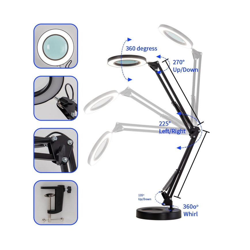 Brilagi - Настільна LED лампа з регулюванням яскравості та із лупою LENS LED/12W/5V 3000/4200/6000K чорний