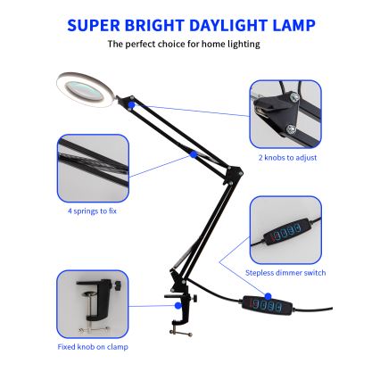 Brilagi - Настільна LED лампа з регулюванням яскравості та із лупою LENS LED/12W/5V 3000/4200/6000K чорний