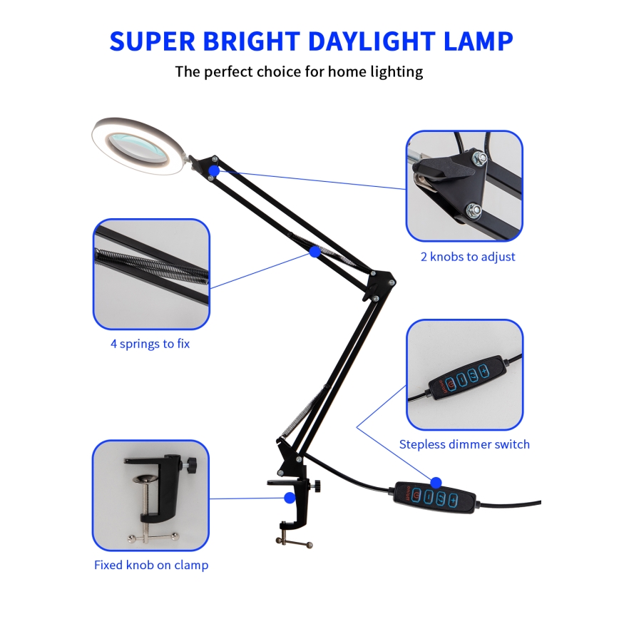 Brilagi - Настільна LED лампа з регулюванням яскравості та із лупою LENS LED/12W/5V 3000/4200/6000K чорний