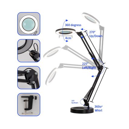 Brilagi - Настільна LED лампа з регулюванням яскравості та із лупою LENS LED/12W/5V 3000/4200/6000K чорний