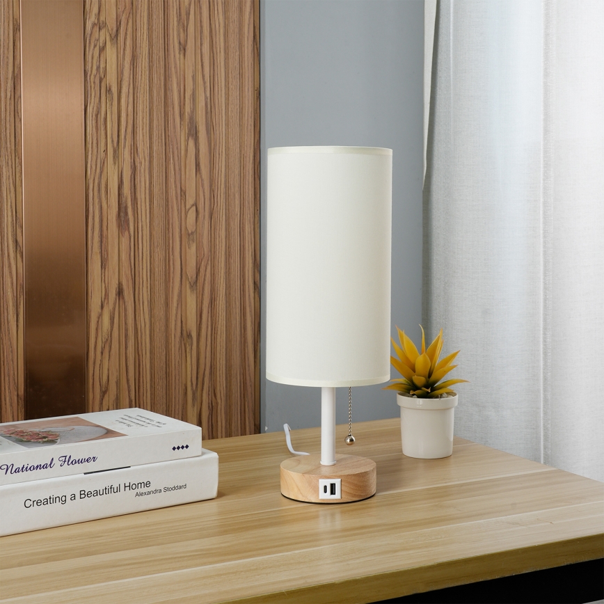 Brilagi - Настольная лампа с USB-портом TABLON 1xE27/25 Вт/230 В дуб/белый/кремовый