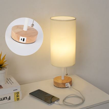 Brilagi - Настольная лампа с USB-портом TABLON 1xE27/25 Вт/230 В дуб/белый/кремовый