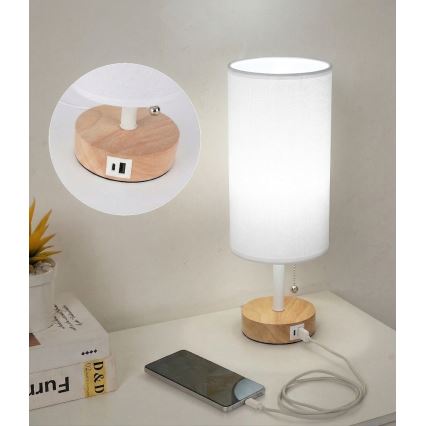 Brilagi - Настольная лампа с USB-портом TABLON 1xE27/25W/230V дуб/белый