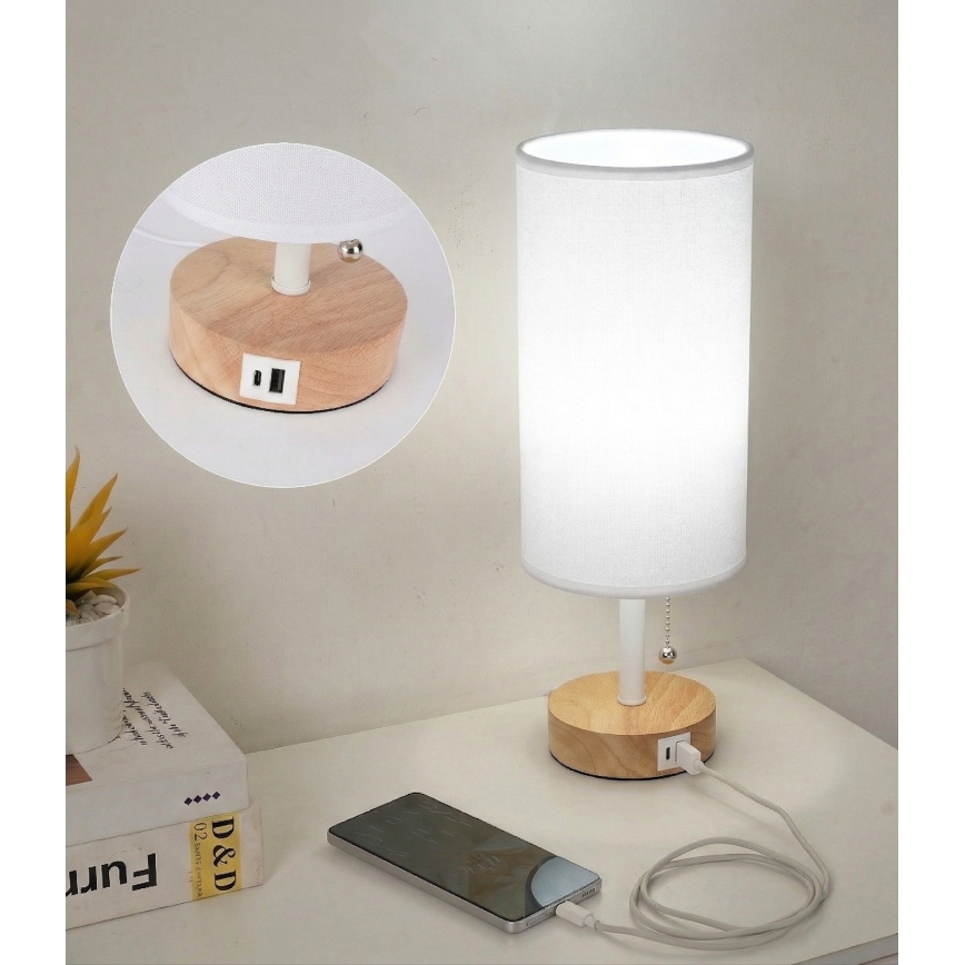 Brilagi - Настольная лампа с USB-портом TABLON 1xE27/25W/230V дуб/белый