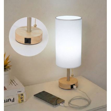 Brilagi - Настольная лампа с USB-портом TABLON 1xE27/25W/230V дуб/бежевый/белый