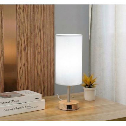 Brilagi - Настольная лампа с USB-портом TABLON 1xE27/25W/230V дуб/бежевый/белый