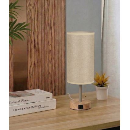 Brilagi - Настольная лампа с USB-портом TABLON 1xE27/25W/230V дуб/бежевый