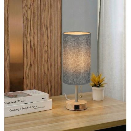 Brilagi - Настольная лампа с USB-портом TABLON 1xE27/25W/230V дуб/бежевый/серый