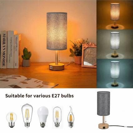 Brilagi - Настольная лампа с USB-портом TABLON 1xE27/25W/230V дуб/бежевый/серый