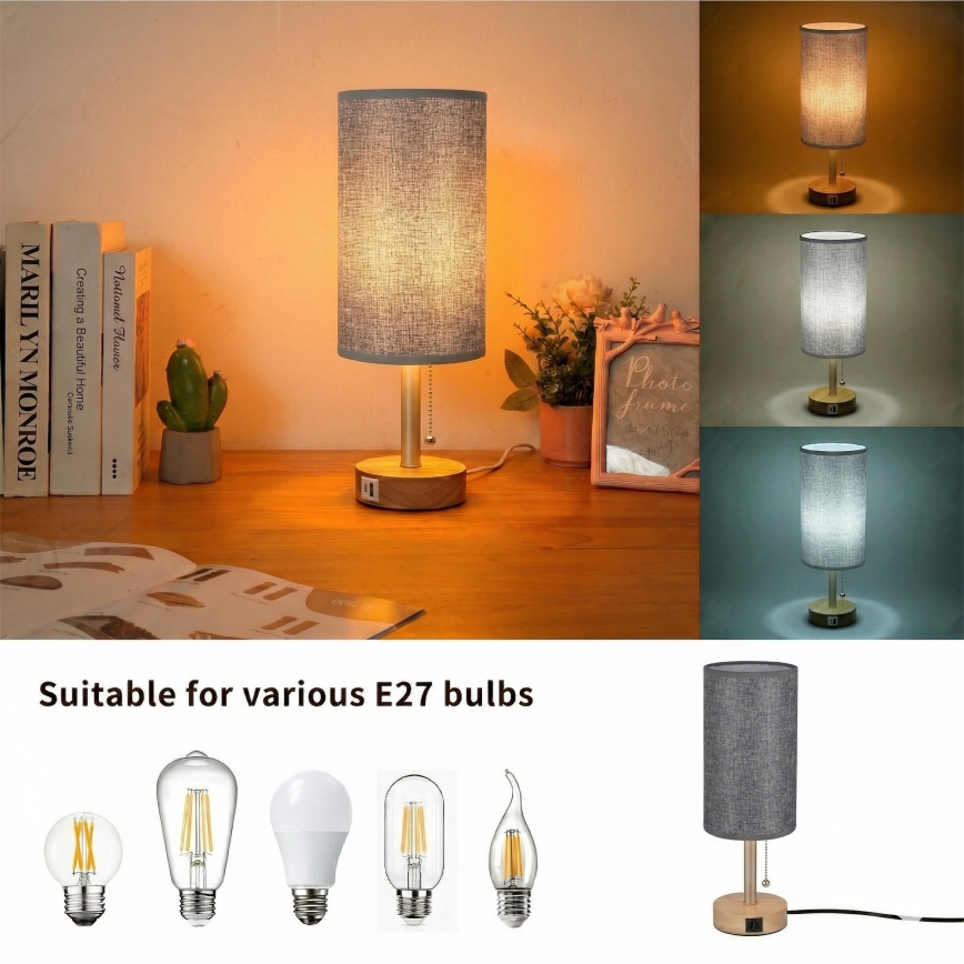 Brilagi - Настольная лампа с USB-портом TABLON 1xE27/25W/230V дуб/бежевый/серый