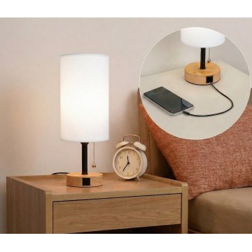 Brilagi - Настольная лампа с USB-портом TABLON 1xE27/25W/230V дуб/чёрный/белый