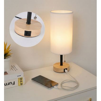 Brilagi - Настольная лампа с USB-портом TABLON 1xE27/25W/230V дуб/чёрный/белый