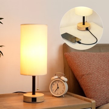 Brilagi - Настольная лампа с USB-портом TABLON 1xE27/25W/230V дуб/чёрный/кремовый