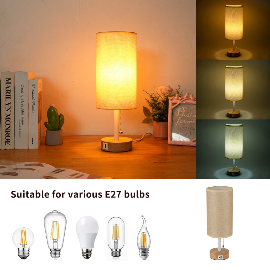 Brilagi - Настольная лампа с USB‑портом TABLON 1xE27/25W/230V дуб/белый/бежевый