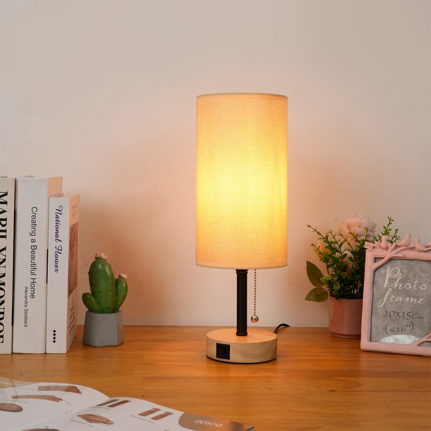 Brilagi - Настольная лампа TABLON с USB-портом 1xE27/25W/230V дуб/чёрный/бежевый