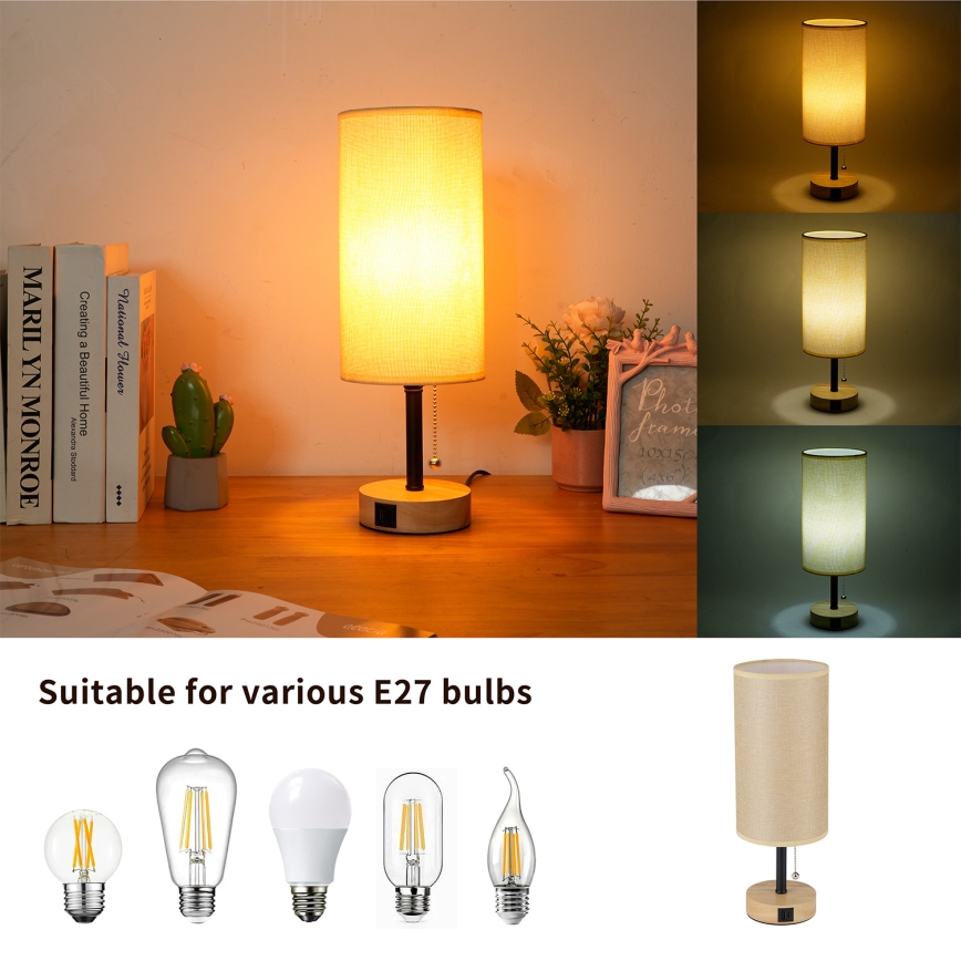 Brilagi - Настольная лампа TABLON с USB-портом 1xE27/25W/230V дуб/чёрный/бежевый