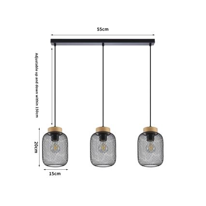 Brilagi - Підвісна люстра на тросі BASKLITE 3xE27/15W/230V деревина гевеї/чорний