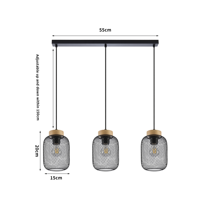 Brilagi - Підвісна люстра на тросі BASKLITE 3xE27/15W/230V деревина гевеї/чорний
