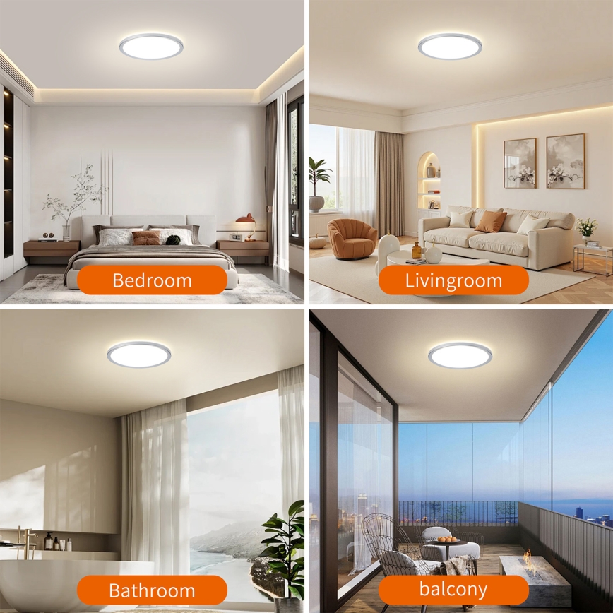 Brilagi - ультратонкий потолочный светильник для ванной комнаты LED 12 Вт/230 В, диаметр 22,5 см, серебристый, IP54