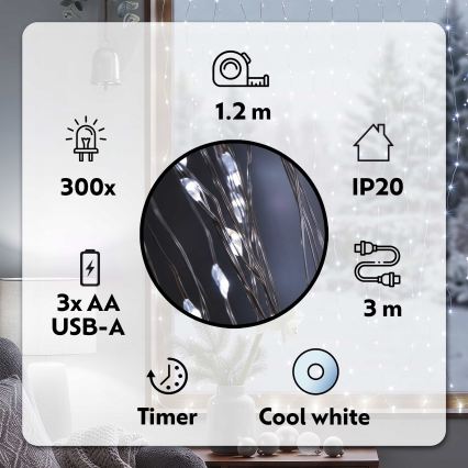 BRILAGI - Різдвяна LED гірлянда-штора 300xLED/ 8 функцій/3xAA/USB 1,2 м холодний білий