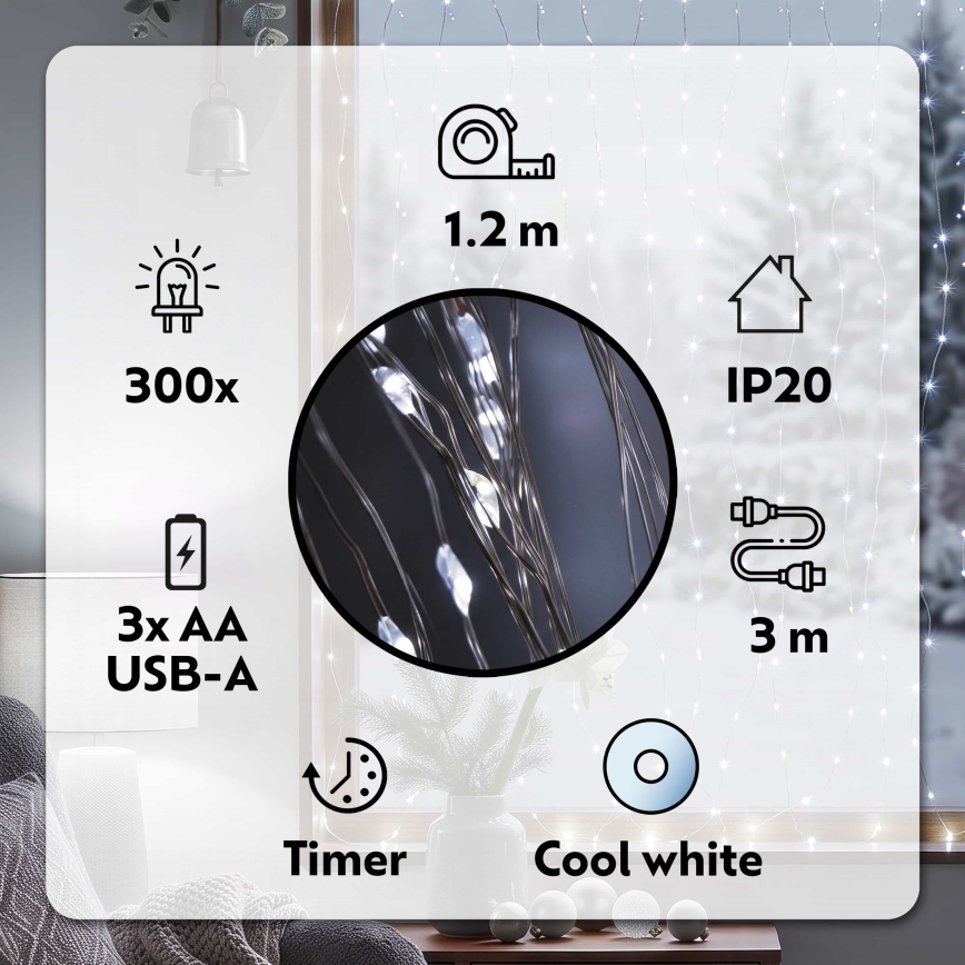 BRILAGI - Різдвяна LED гірлянда-штора 300xLED/ 8 функцій/3xAA/USB 1,2 м холодний білий
