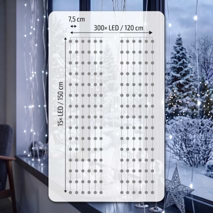 BRILAGI - Різдвяна LED гірлянда-штора 300xLED/ 8 функцій/3xAA/USB 1,2 м холодний білий