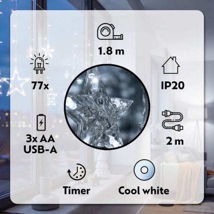 BRILAGI - Різдвяна LED гірлянда-штора 77xLED/3xAA/USB 1,8м холодний білий